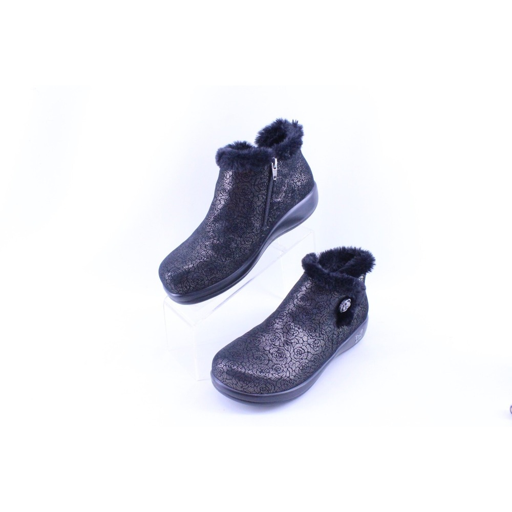Alegria Meri Comfort Ankle Boots Black Silver Floral Faux Fur Zip MER-553 40 EU